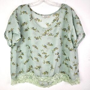 Freebird Blouse Pastel Green Sheer Bird Print Lace Hem Feminine Fairycore Boho